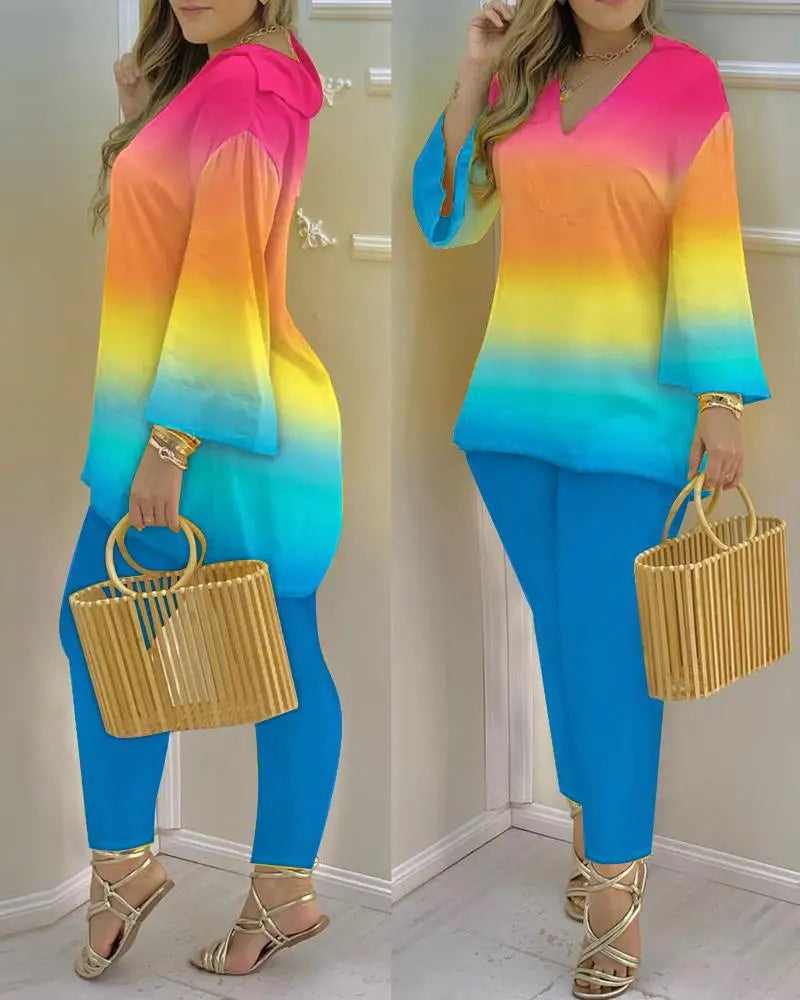 Women Printed V-Neck Long Sleeve Top and Pant Two Piece Set - Image 31