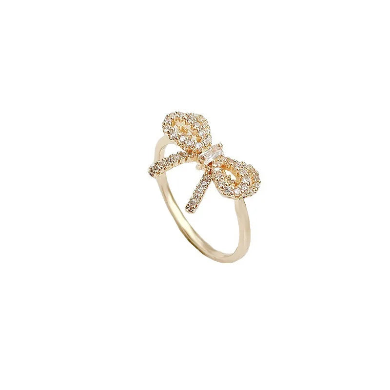 Yupsk Korean Fashion Micropaved Crystal Zirconia Bow Ring for Women Girls Exquisite Ins Trendy Minimalist Finger Rings Jewelry