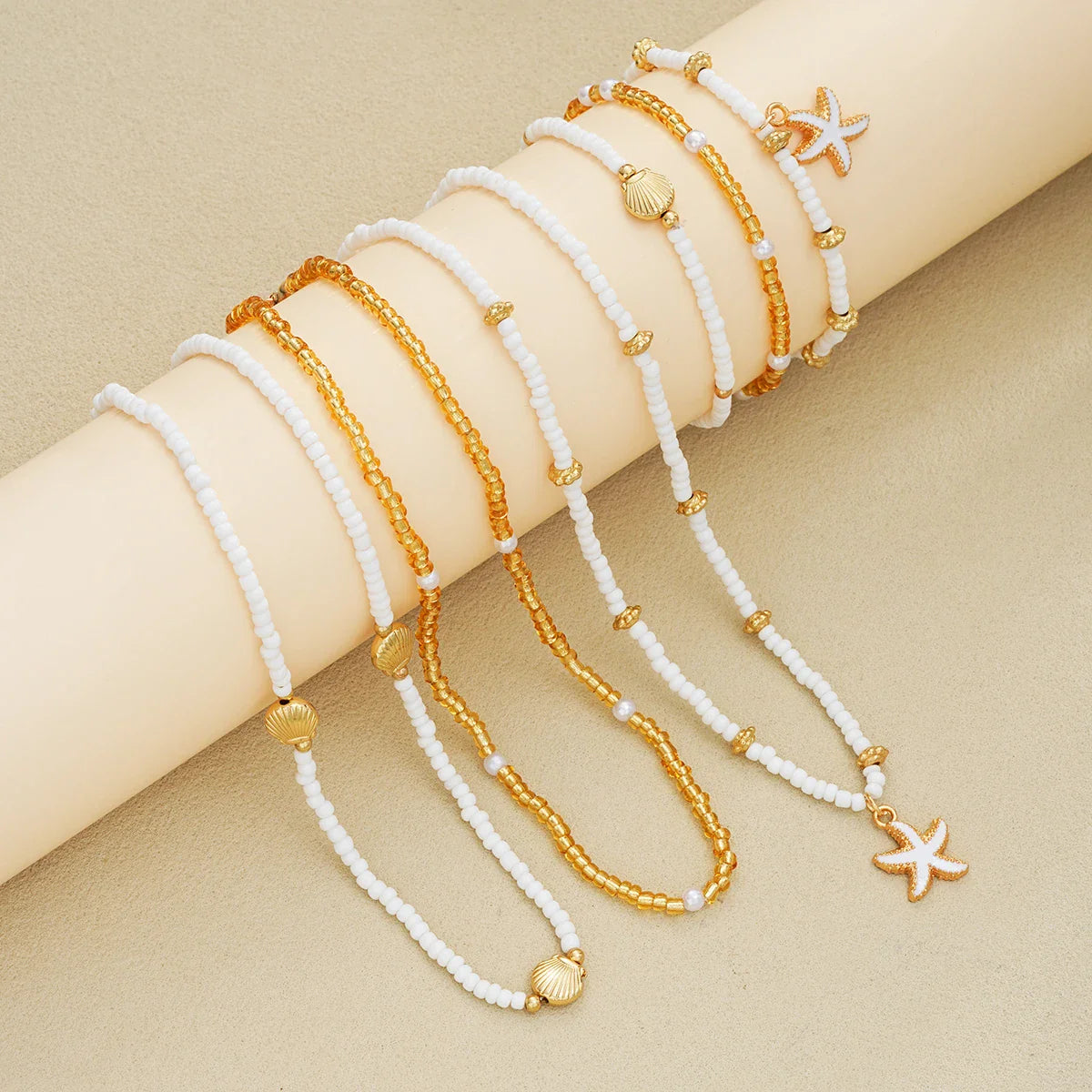 6Pcs/Set Rice Beaded Shell Starfish Pendant Necklace Bracelets Bohemian Elegant Gold White Color Jewelry Set Holiday Accessories