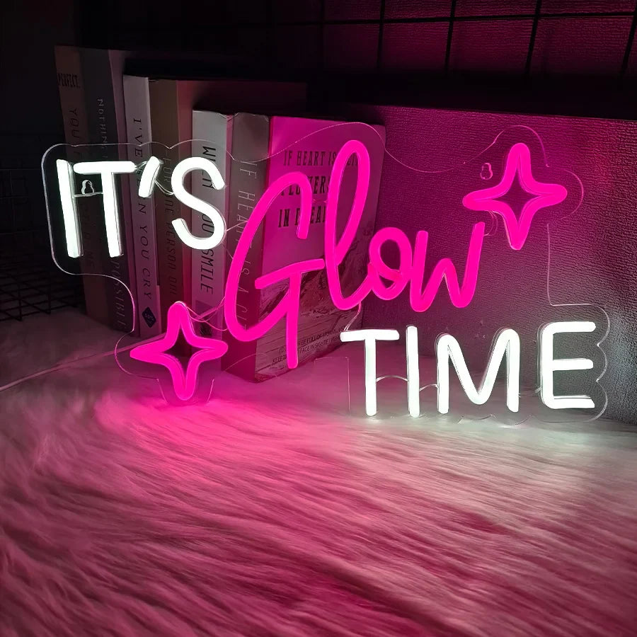 It'S Glow Time Neon Sign, Pink Heart Icon Handmade Usb Powered, Used For Bachelor Party, Beauty Salons, Nail Salons Art Decor.