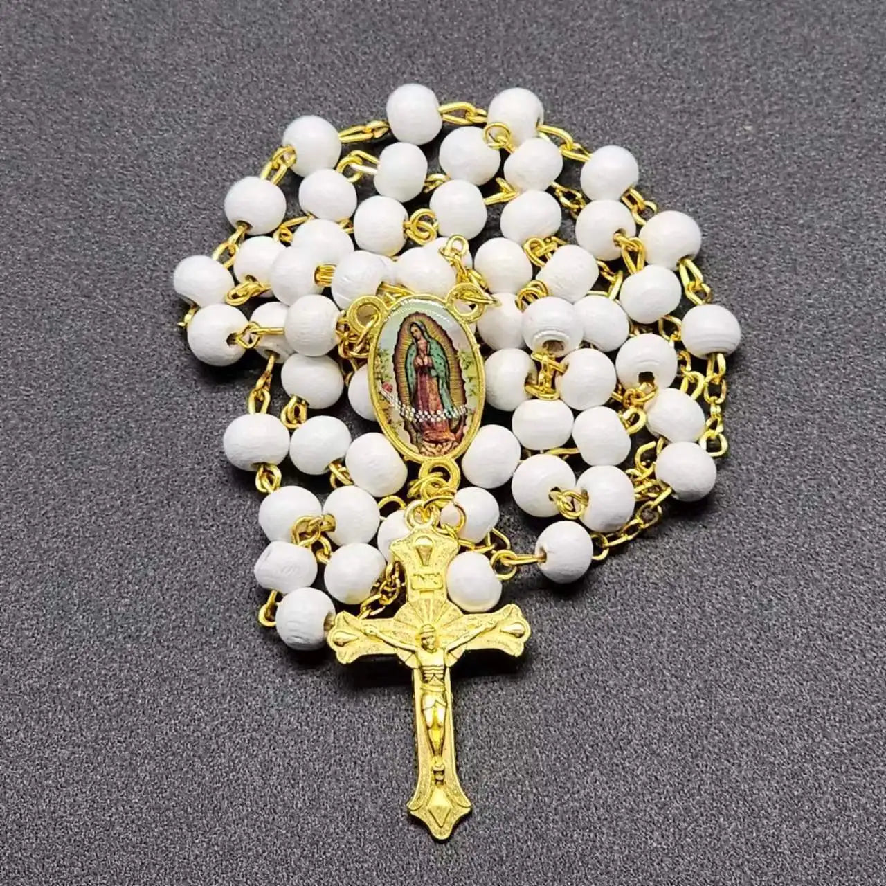 White Wooden Rosary Necklace For Women Crucifix Cross Pendant Long Chain Necklace Men  Religious Catholic Prayer Jewelry