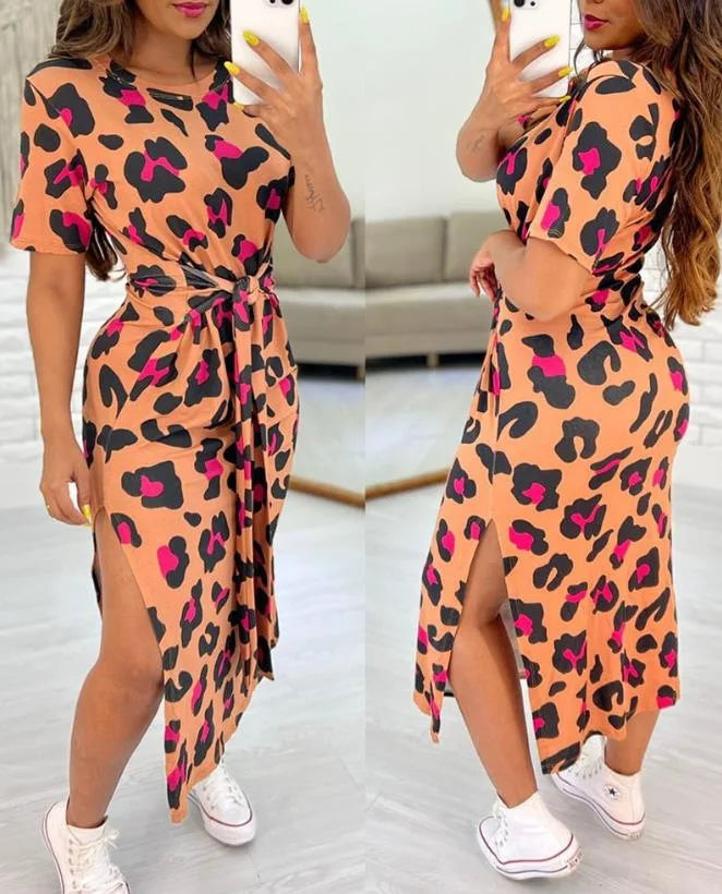 Women's Leopard Print Midi Dress with Side Slit and Tie Waist - Image 16