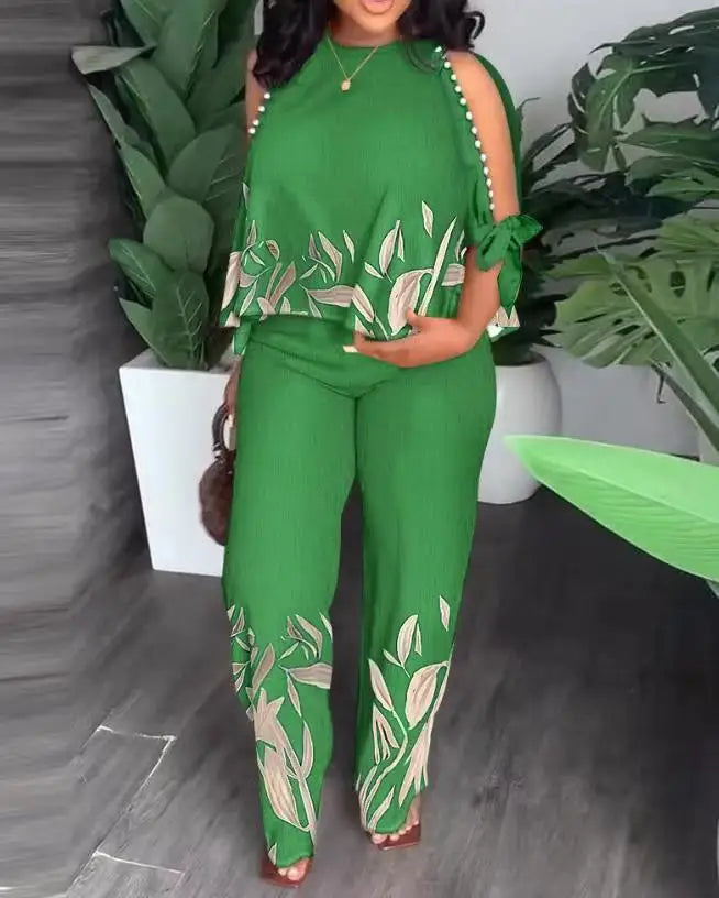 Women Two Piece Set Cold Shoulder Top and Straight Leg Pants - Image 9