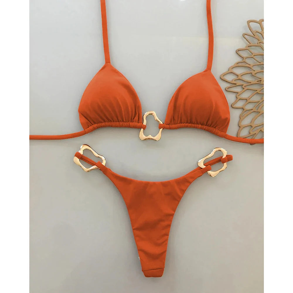 Women's Micro Halter Bikini Set with Gold Tone Ring Details - Image 2