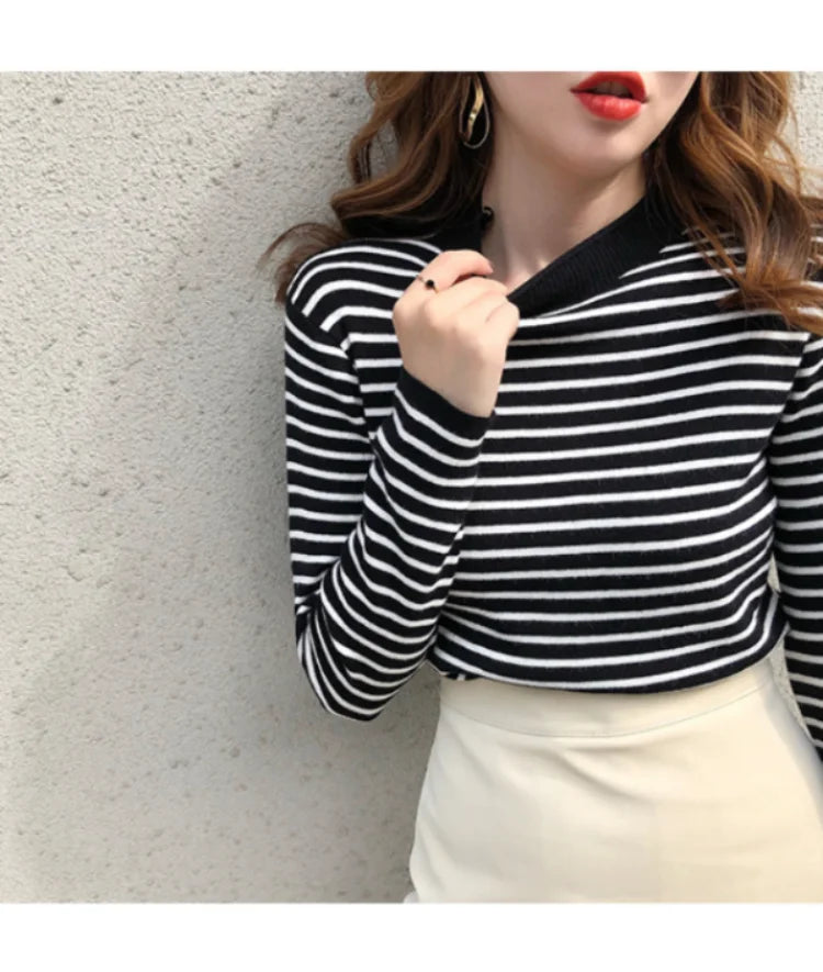 Women Striped Mock Neck Long Sleeve Ribbed Knit Pullover Sweater - Image 3