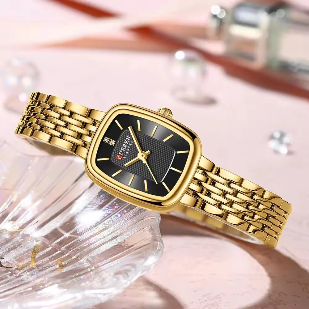 CURRN 9093 Women's Quartz Watch Fashion Leisure Diamond Simple Gold Silvery Steel Strip Wristwatch for Ladies Gift Clock