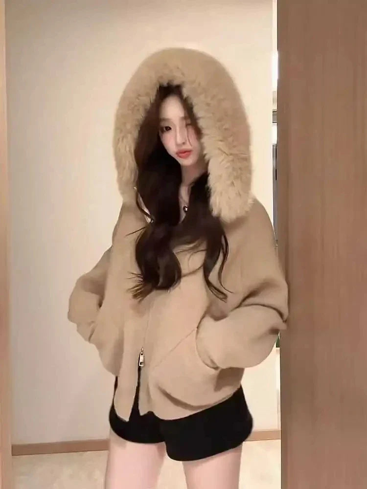 Women's Loose Hooded Faux Fur Trim Zipper Jacket - Image 2