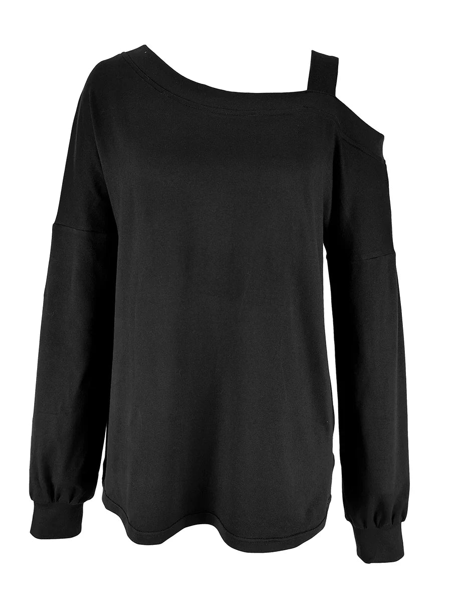 Plus Size Black One Shoulder Lantern Sleeve Knit Pullover