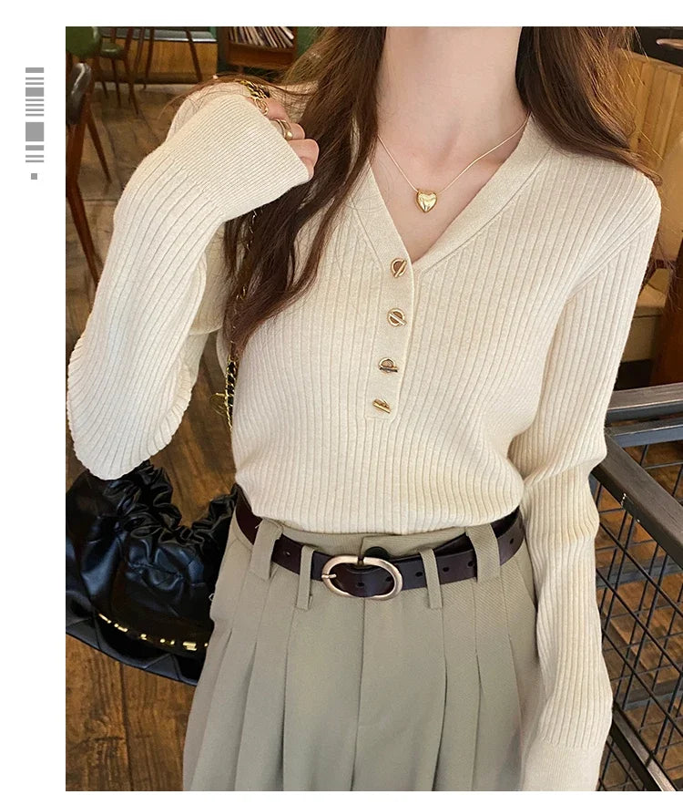 Women Beige Ribbed Button Down Long Sleeve Knitted Pullover Top - Image 13