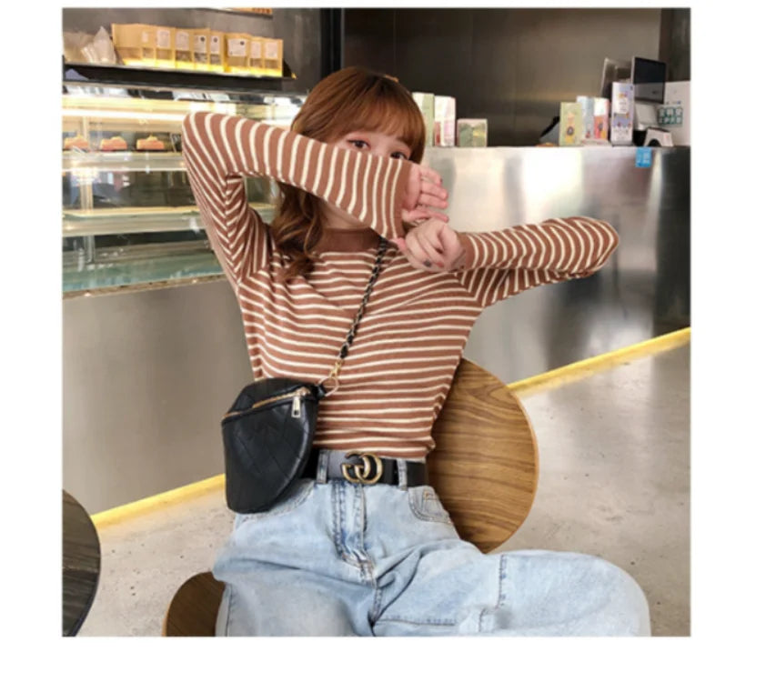 Women Striped Mock Neck Long Sleeve Ribbed Knit Pullover Sweater - Image 11