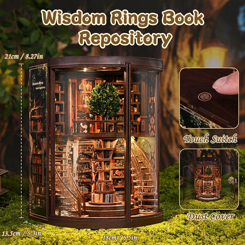 Wisdom Ring DIY miniature wooden library book nook diorama with lighting
