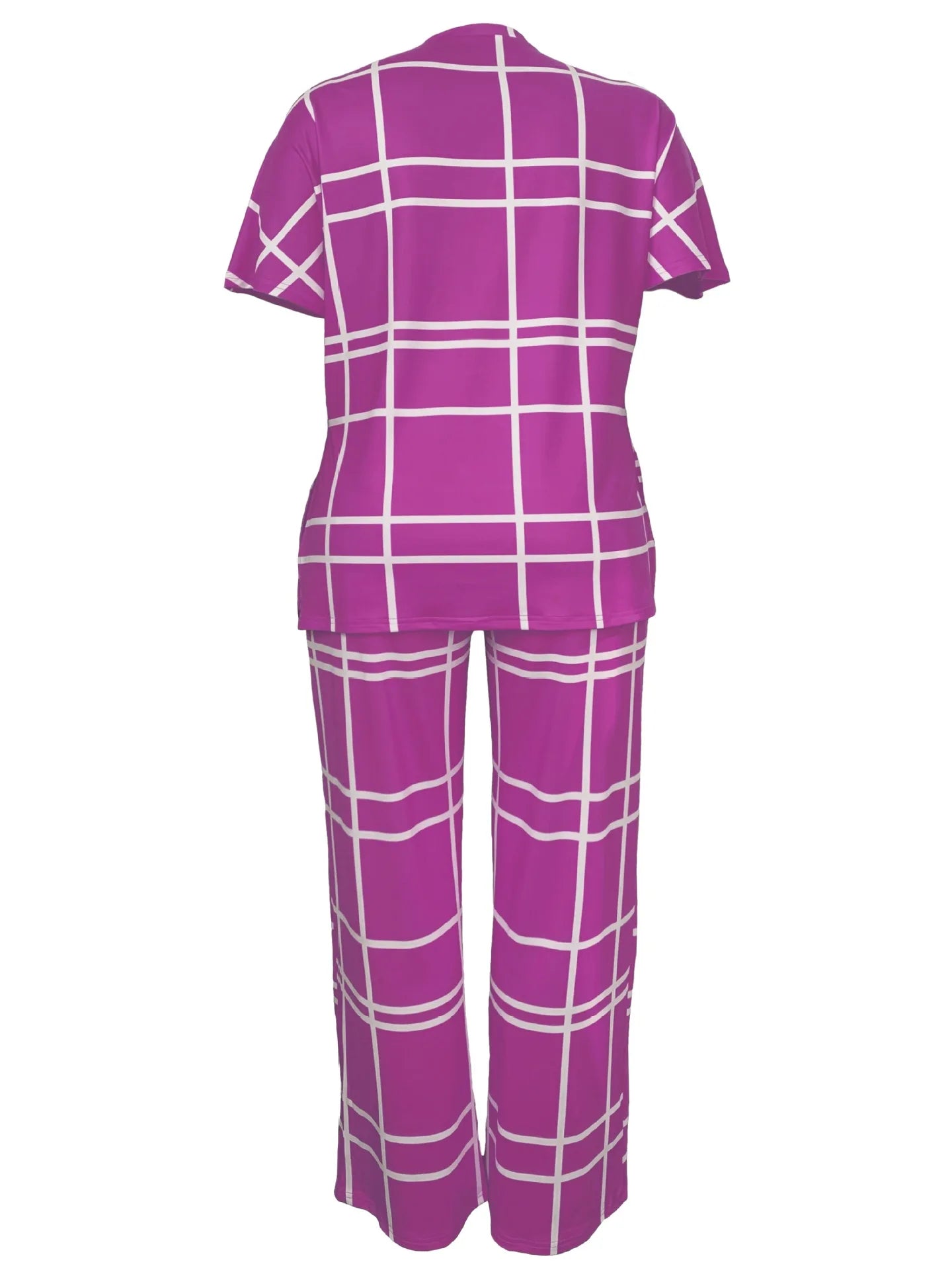 Women's Striped Grid Print Casual Two Piece Short Sleeve Set - Image 20