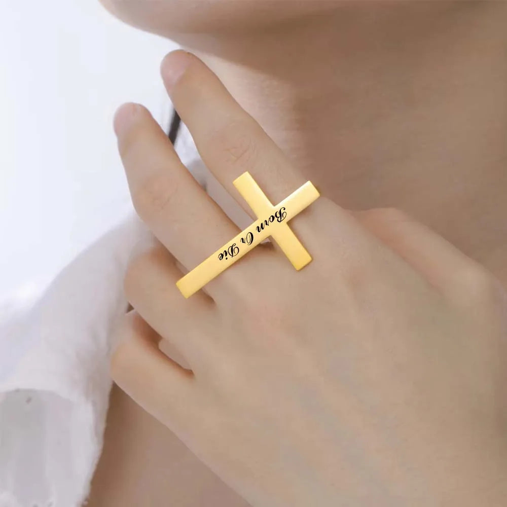 Cross Personalized Name Finger Ring Custom Gift For Woman Men Gold Color Stainless Steel Jesus Christian Amulet Talisman Jewelry