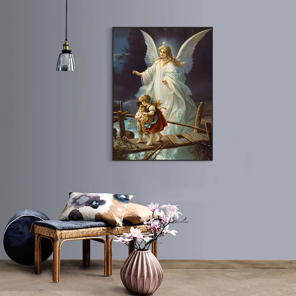 Classic Vintage Wall Art Guardian Angel Hanging Painting Religious HD Canvas Print Poster Home Living Room Bedroom Decoration