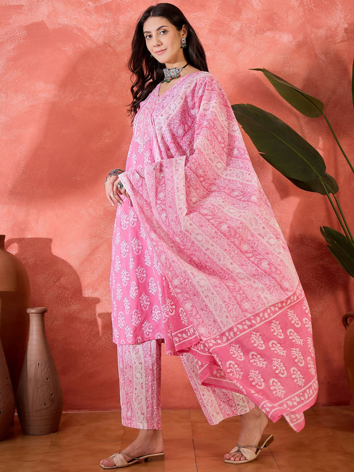 Women's Pink Printed Pure Cotton Kurta Set - Ethnic Wear