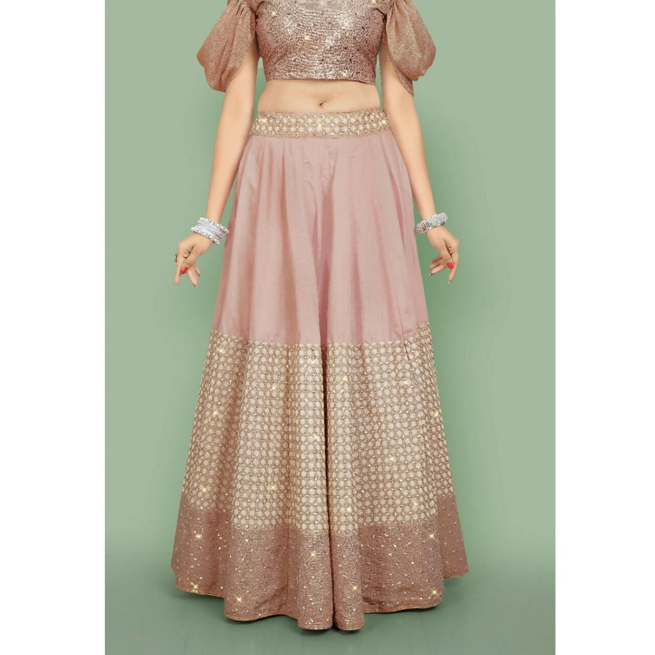 Dusty Rose Pink Muslin Silk Dori and Sequins Embroidered Lehenga