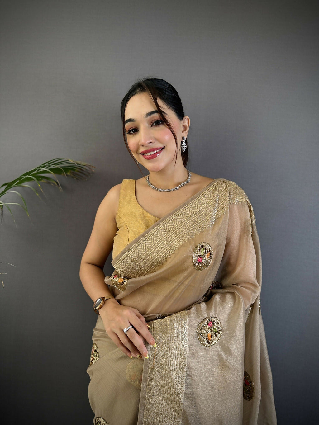 Mud Brown Handloom Banarasi Organza Silk Khatali Butta Saree