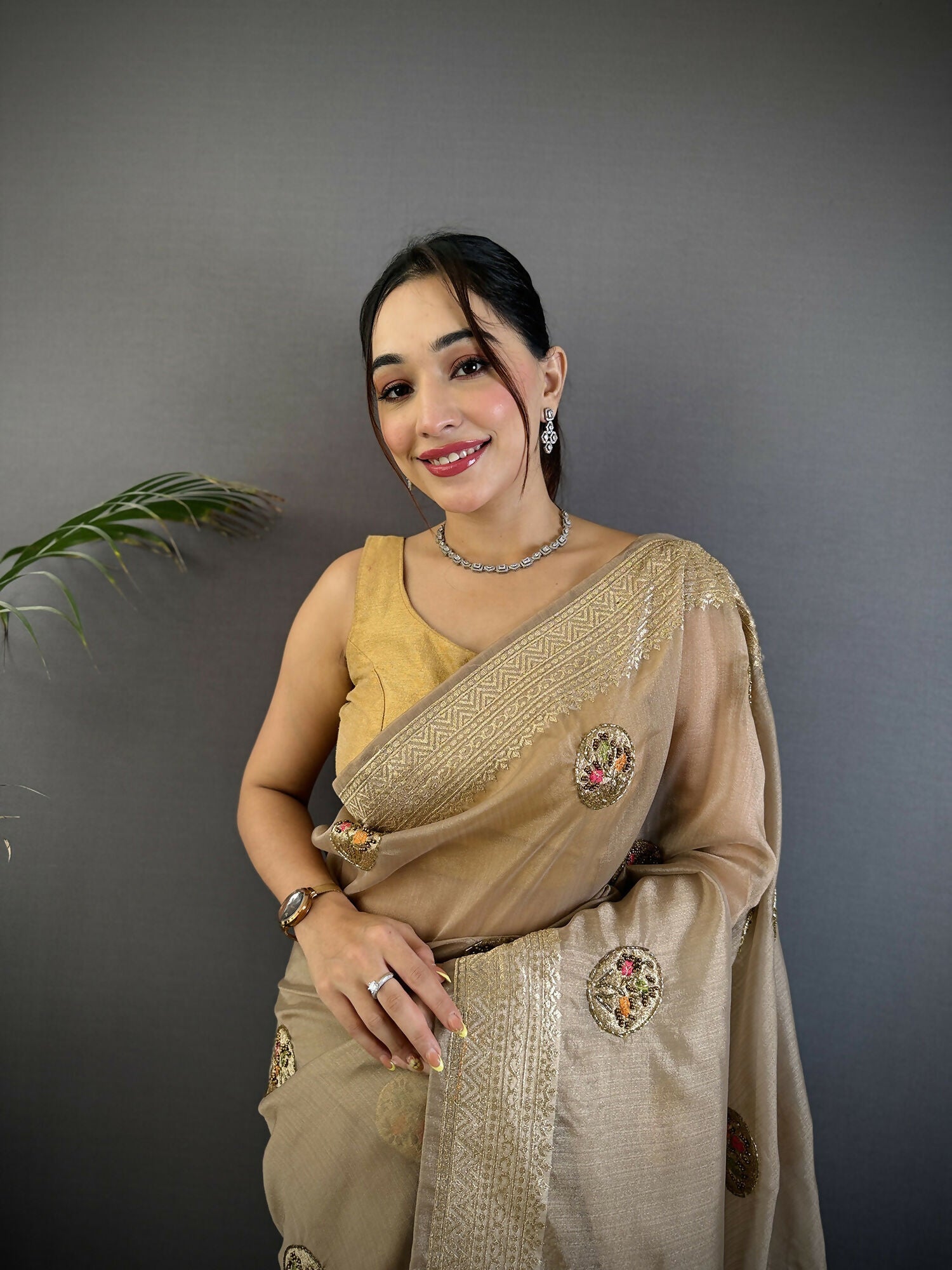 Mud Brown Handloom Banarasi Organza Silk Khatali Butta Saree