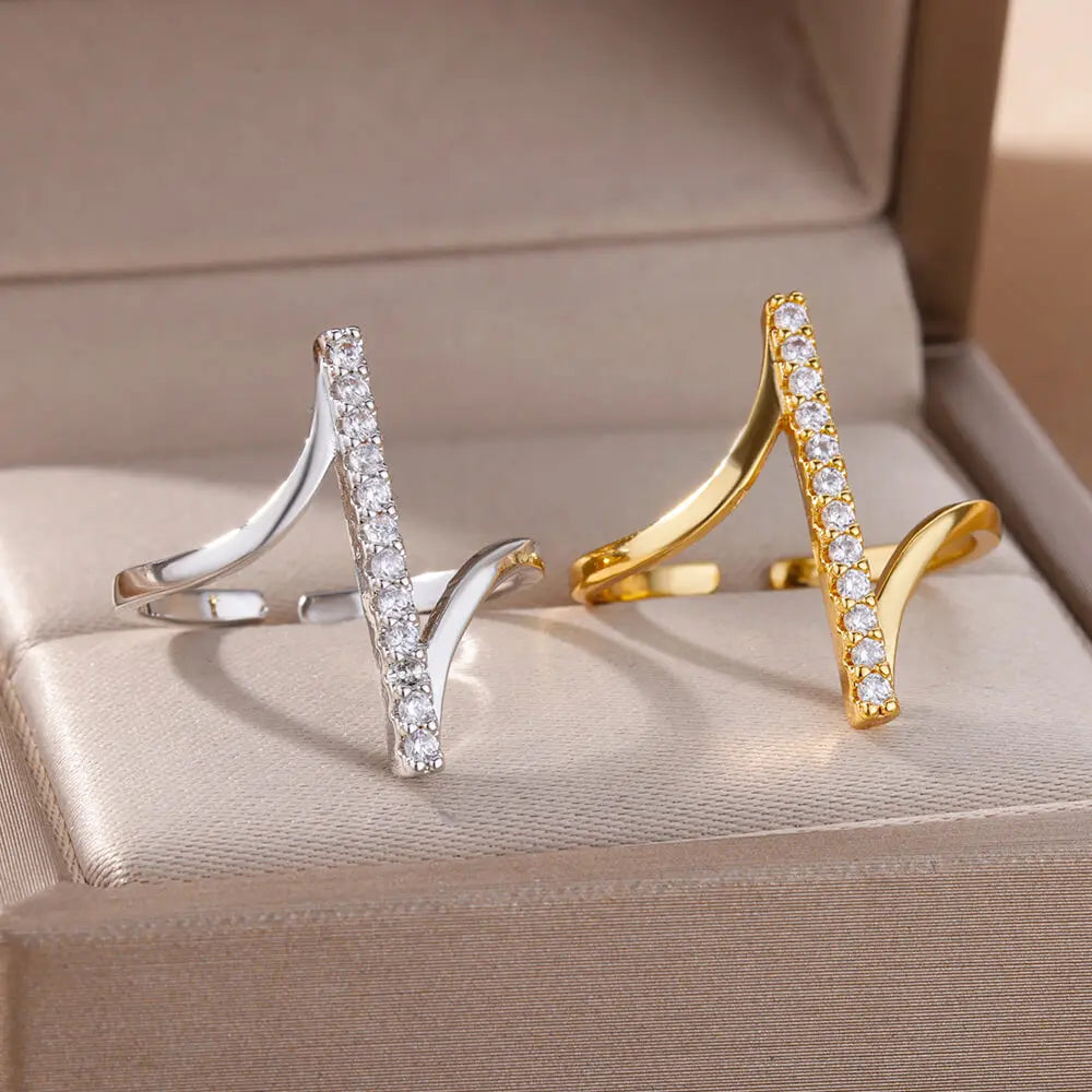 Zircon Geometric Rings For Women Gold Color Stainless Steel Opening Ring Luxury Wedding Party Aesthetic Jewerly Gift Femme 2024