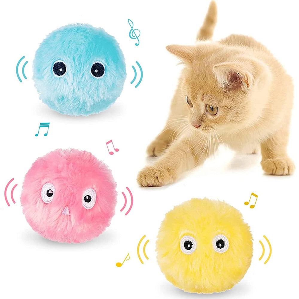 Set of three colorful plush cat balls in pink, blue, and yellow that emit animal sounds