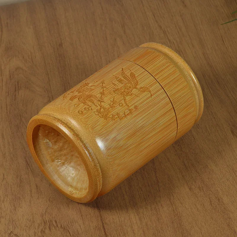 Handmade Bamboo Tea Storage Box Carved Tea Canister Lid Seal Kitchen Storage Jars Accessories Spice Box Case Organizer