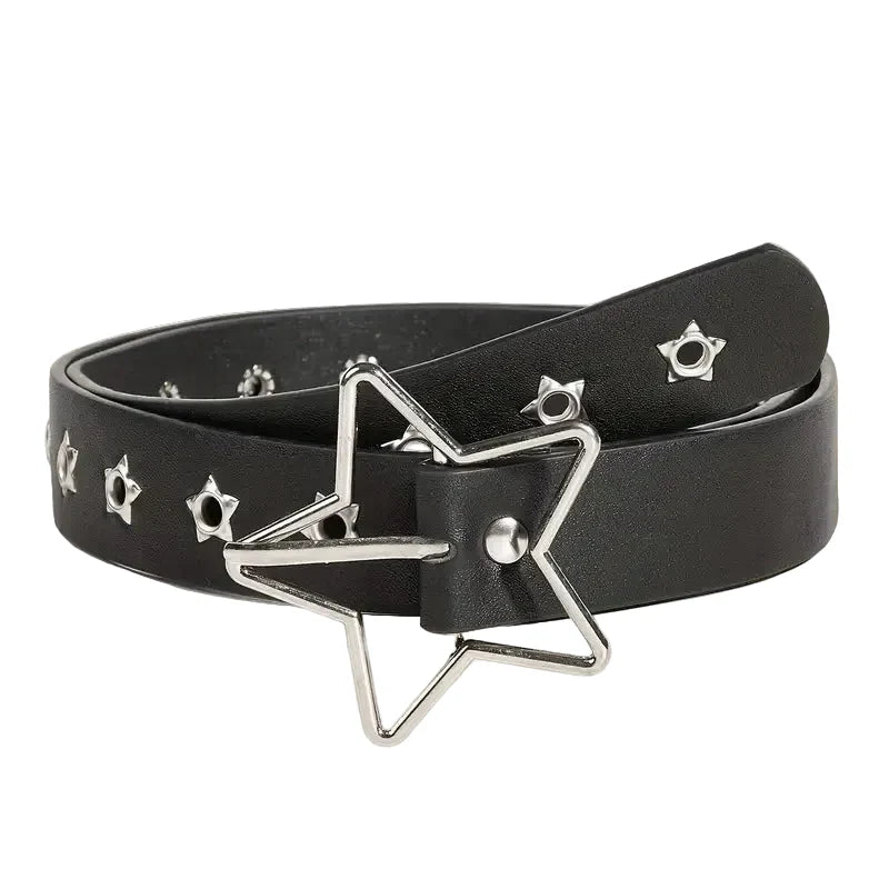 Y2K Punk Star Rivet Black and Red Goth Faux Leather Belts with Silver Star Buckle and Eyelets