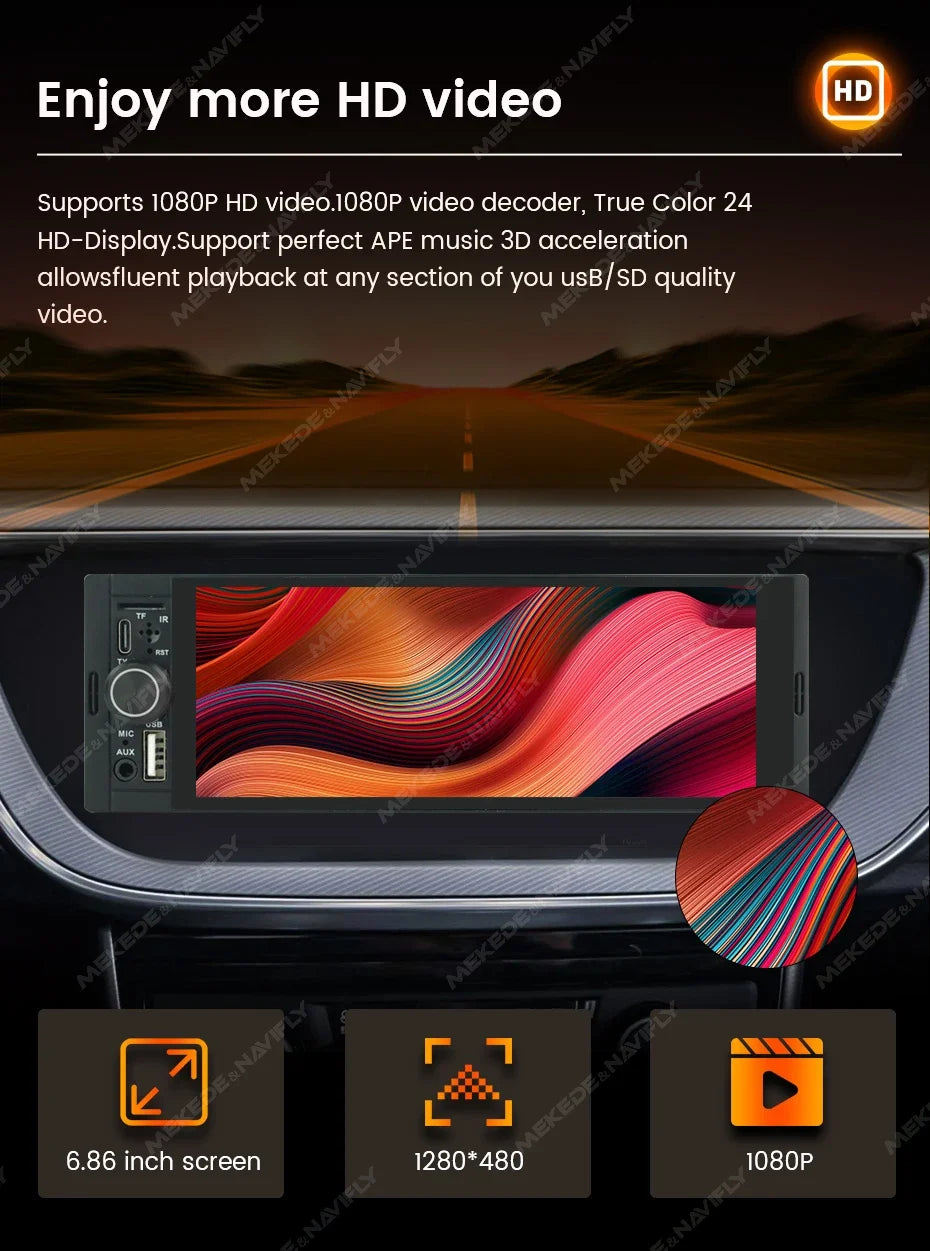 1-DIN Car Stereo with 6.86" Touch Screen – Wireless CarPlay & Android Auto
