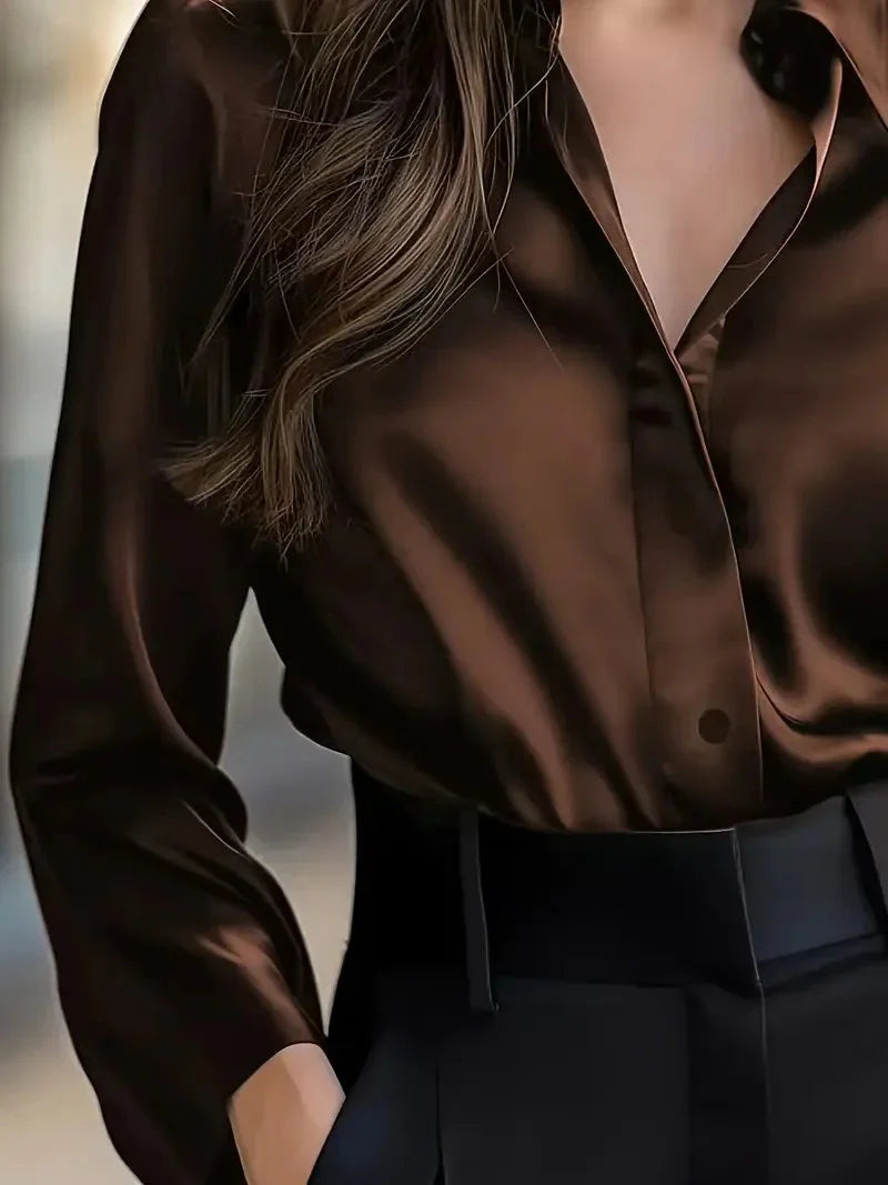 Women's Classic Satin Button Down Shirt Long Sleeve Lapel Blouse - Image 4