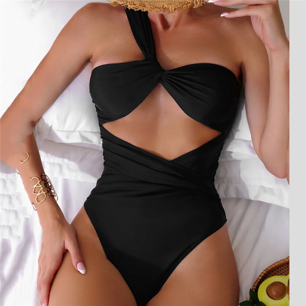 One Shoulder Sexy Black One Piece Swimsuit
