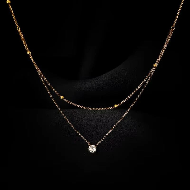 Stainless Steel Light Luxury Charm White Round Zircon Pendant Double layer Necklace Lady Classic Neck Chain Jewelry