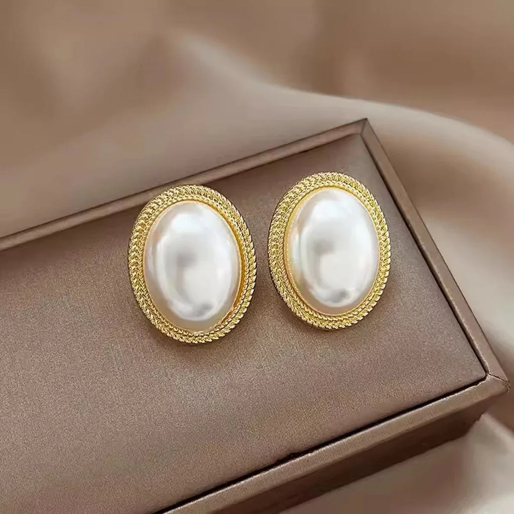 Imitation Pearl Zircon Retro Elegant Irregular Oval Square Hollow Out Earrings for Women Party Autumn Winter Jewelry