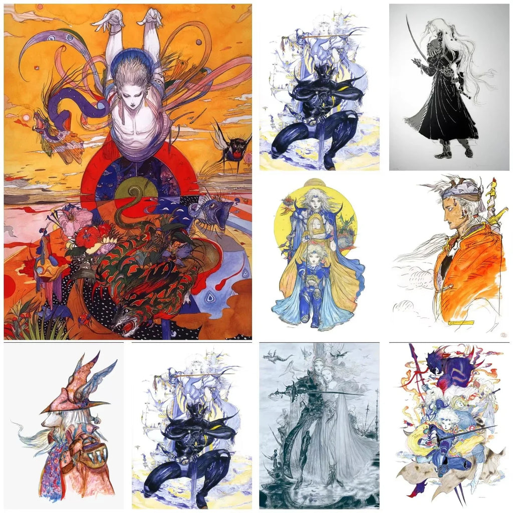 Yoshitaka Amano Final Fantasy fantasy anime art canvas poster print featuring intricate character design and vibrant colors.