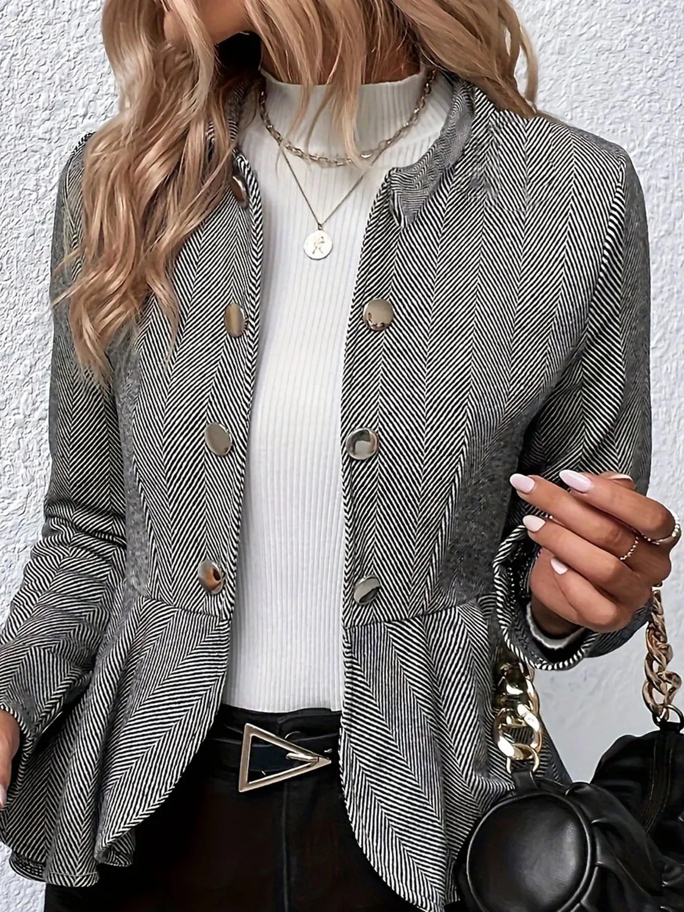 Women's Herringbone Peplum Jacket Button Front Tailored Blazer - Image 6