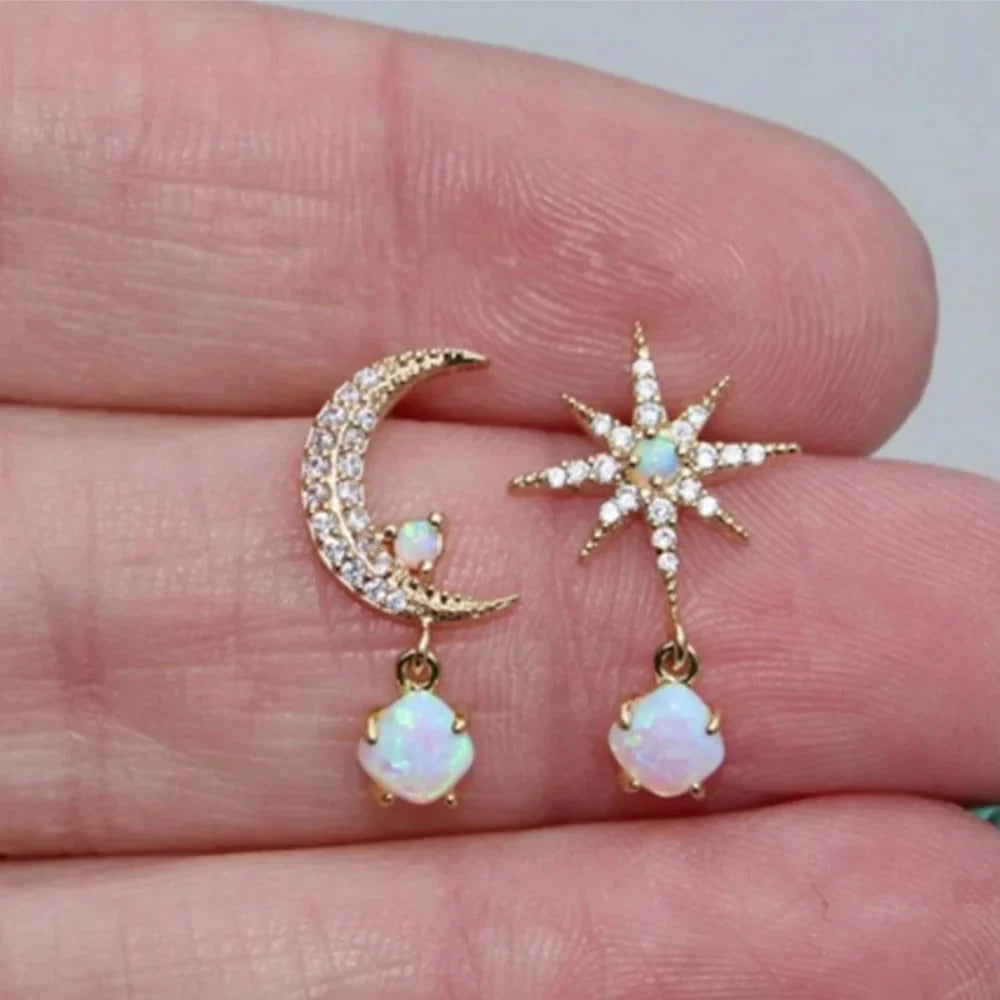 Golden Asymmetrical Zircon Moon Star Earrings for Women Retro Personalized Fashionable Versatile Accessory Gift