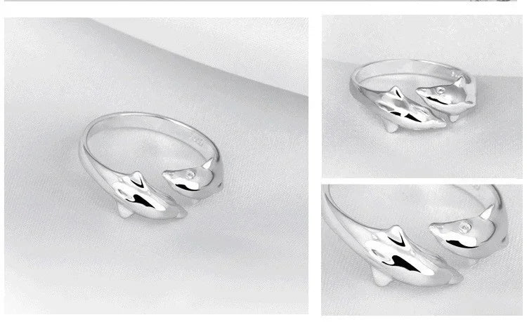 925 Sterling Silver Jewelry Open Happy Double Dolphin Love Rings For Women Party Gift Adjustable Ring Anillos Bague