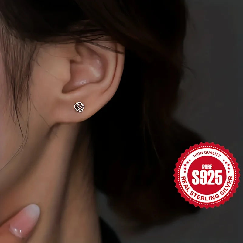S925 silver rose earrings for women, hypoallergenic, perfect gift for dating, versatile for daily wear