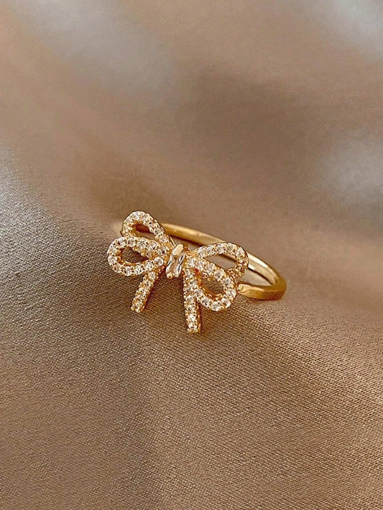 Yupsk Korean Fashion Micropaved Crystal Zirconia Bow Ring for Women Girls Exquisite Ins Trendy Minimalist Finger Rings Jewelry