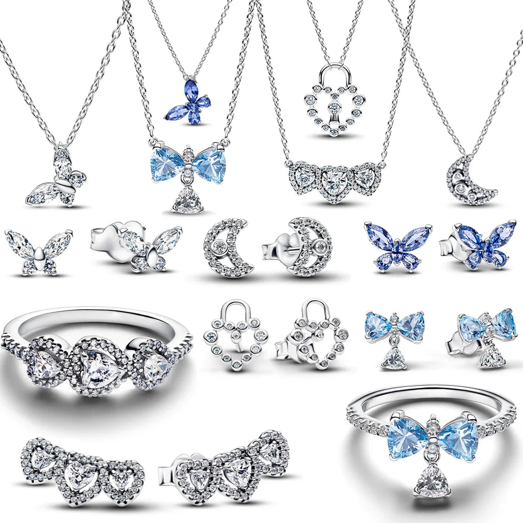 Original 925 Sterling Silver Charms Pendant Blue Bow Suit Bead for Wome Rings Earrings Necklace DIY Bracelet Fine Jewellery Gift