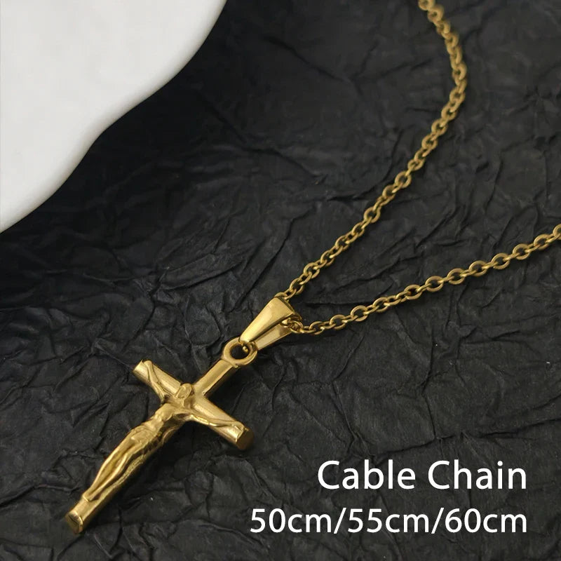 Classic Jesus Cross Necklace 18K Gold Plated Stainless Steel Religious Jewelry Polished & Durable for Men Women Christians
