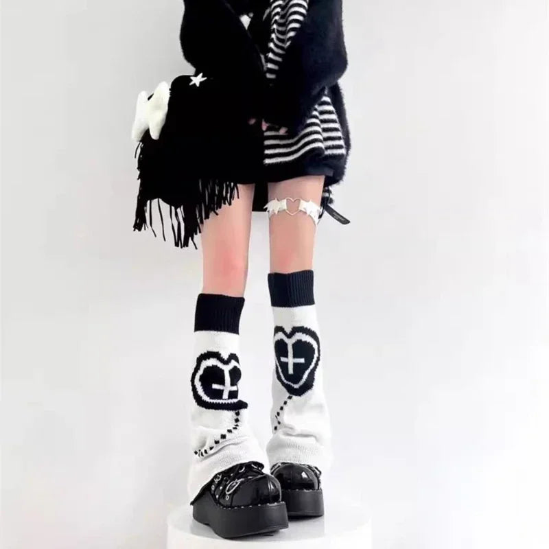 Y2K Punk Knitted Leg Warmers Black White Heart Star Argyle Style - Image 15