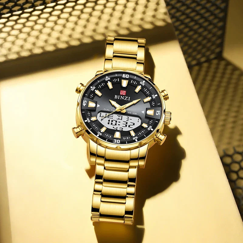 Men's Gold Quartz Dress Watch, Stainless Steel, Chronograph Luminous