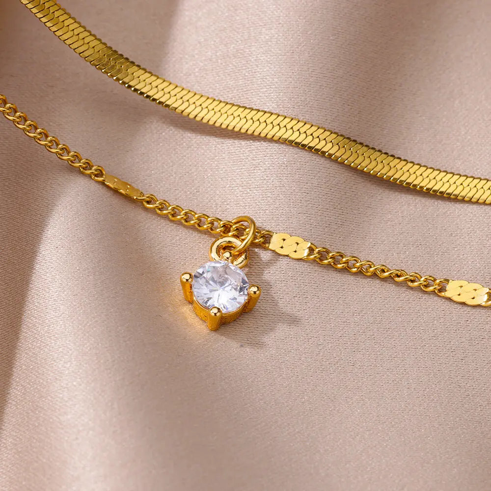 Zircon Circle Bead Anklets For Women Gold Color Stainless Steel Anklet Double Snake Chain Summer Beach Accessories Jewelry Gift