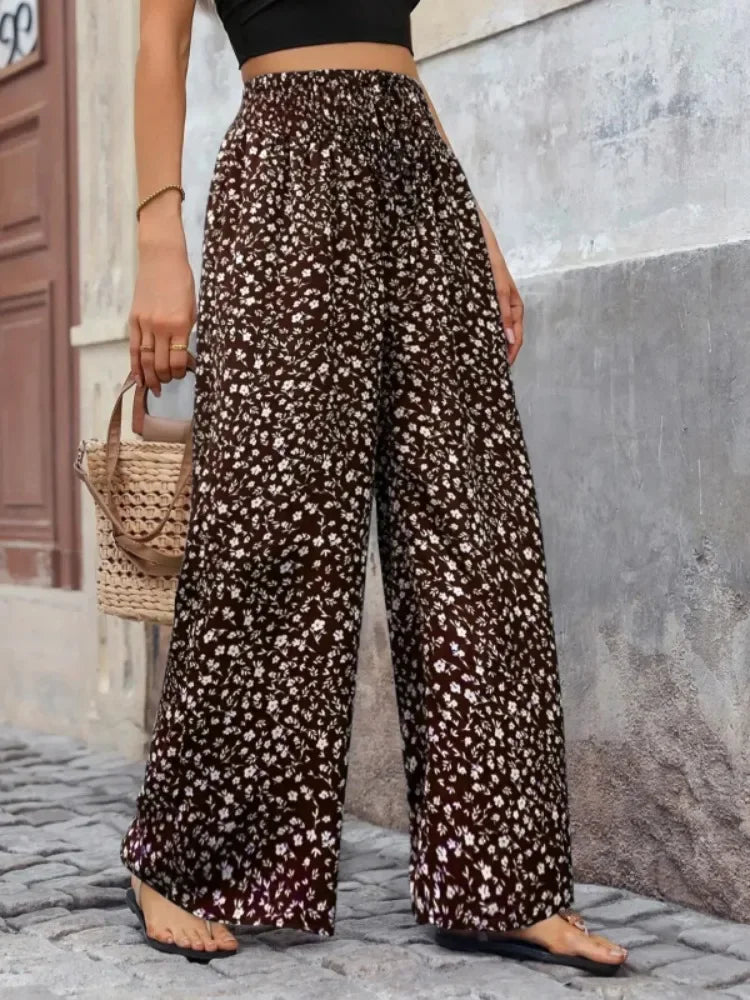 Women's Floral Wide Leg Pants - High Waisted