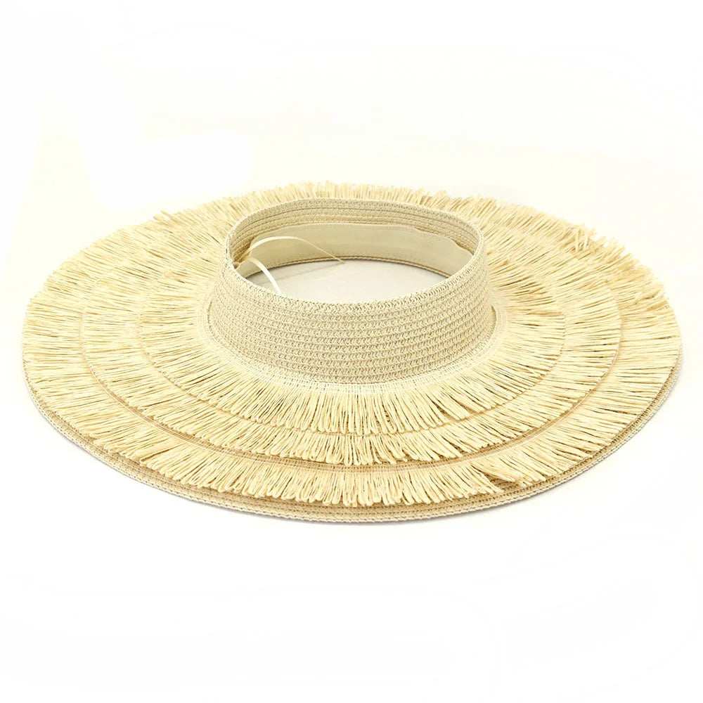 Women's Straw Fringed Open-Top Sun Visor Hat for Summer Beach - Image 25