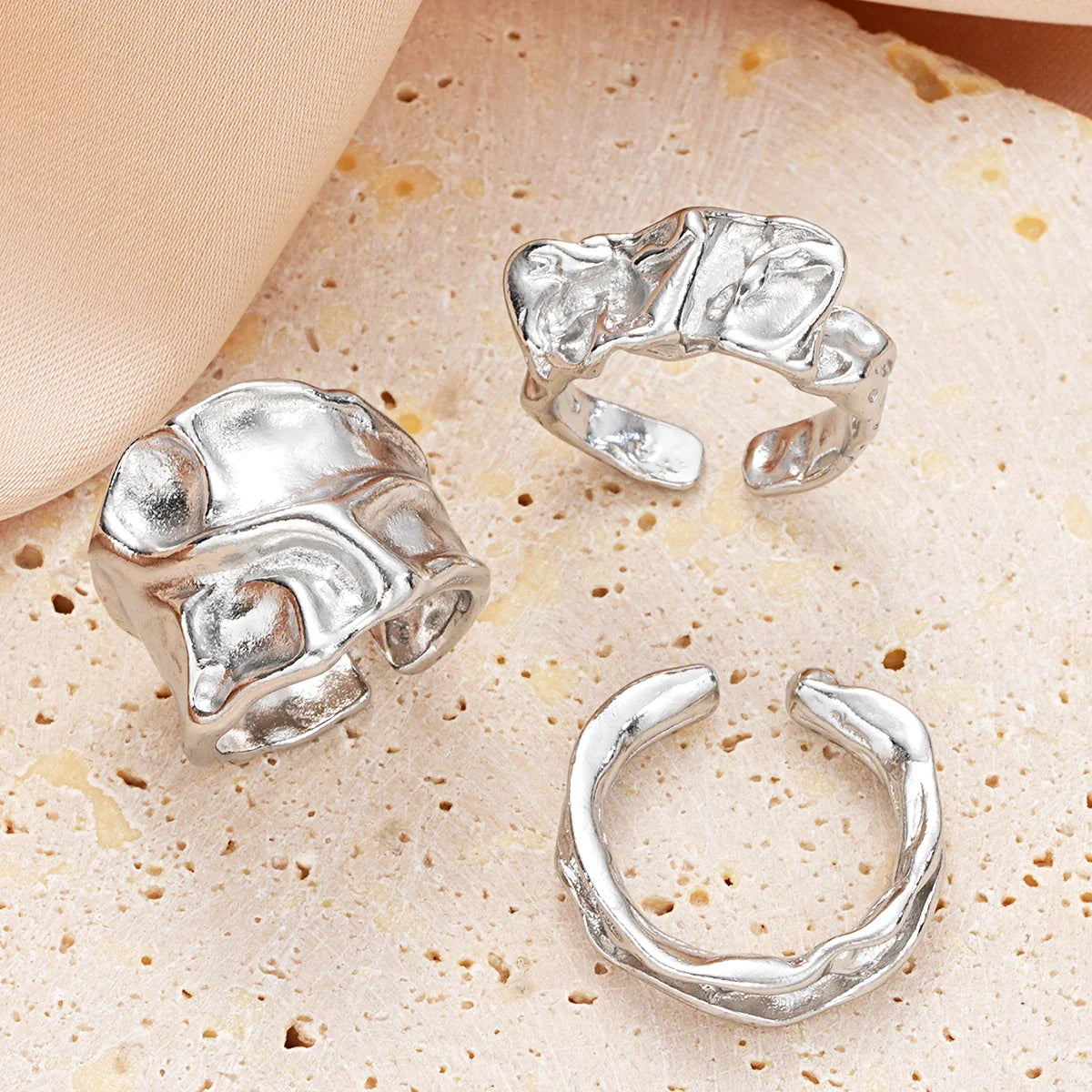 3 Pcs Punk Chunky Irregular Rings Set for Women Creative Geometric Adjustable Open Finger Rings Fashion Statement Jewelry Girls