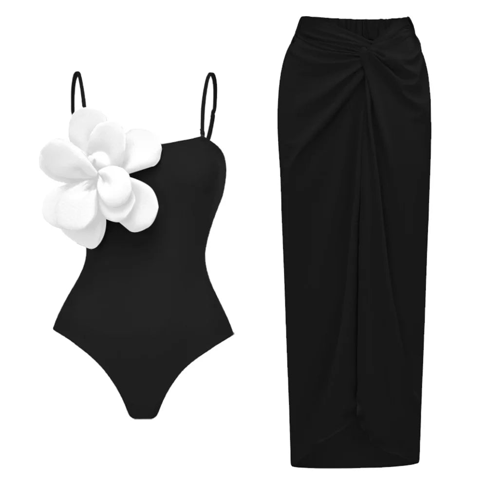 Women's 3D Floral One-Piece Swimsuit and Matching Sarong Cover-Up - Image 5