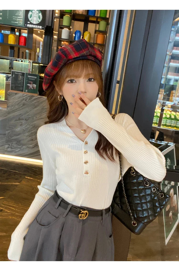 Women Beige Ribbed Button Down Long Sleeve Knitted Pullover Top - Image 24