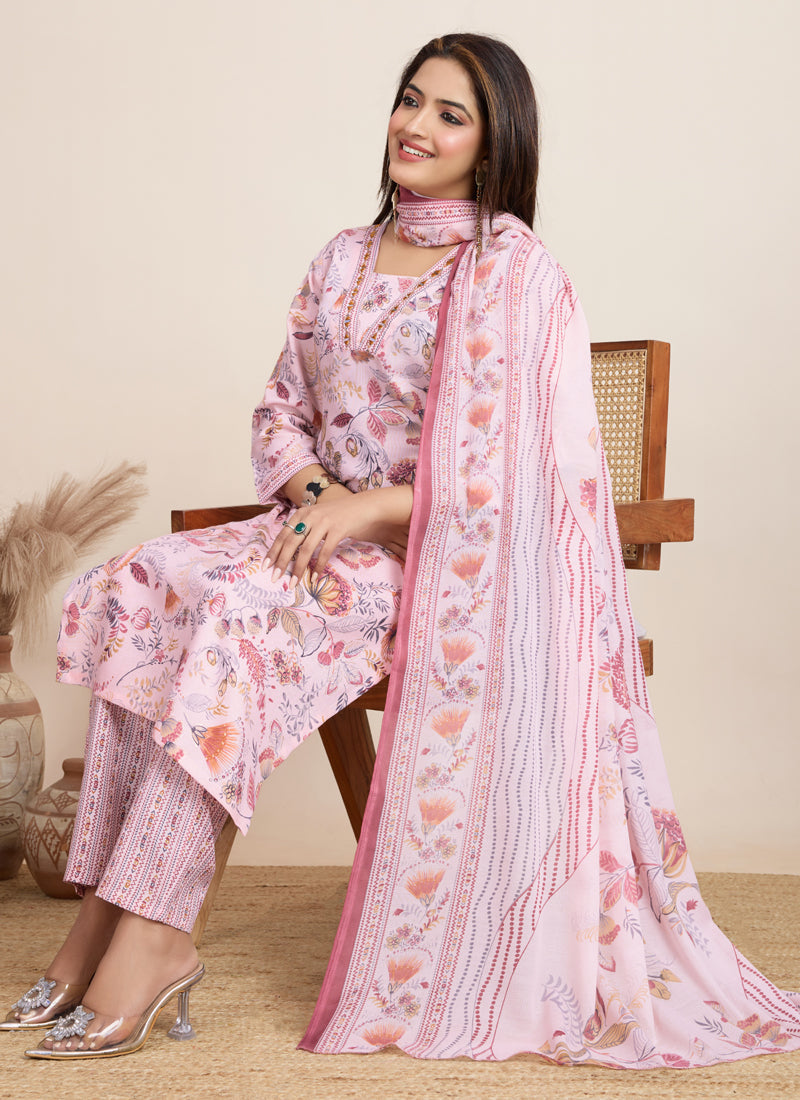 Baby Pink Printed Cotton Blend Salwar Suit for Festive Occasions
