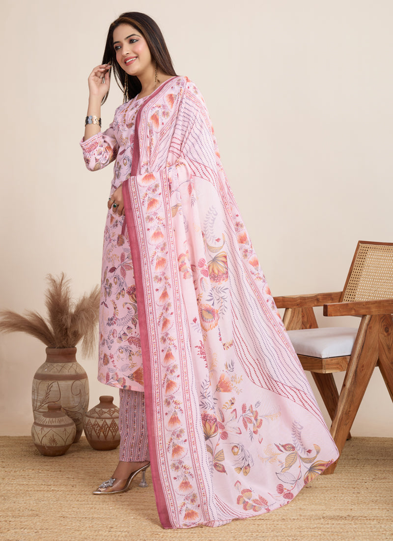 Baby Pink Printed Cotton Blend Salwar Suit for Festive Occasions