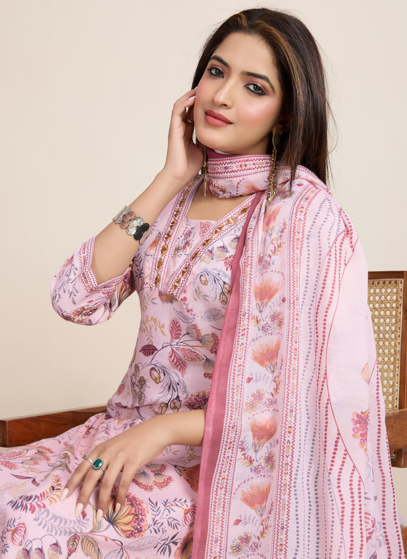 Baby Pink Printed Cotton Blend Salwar Suit for Festive Occasions